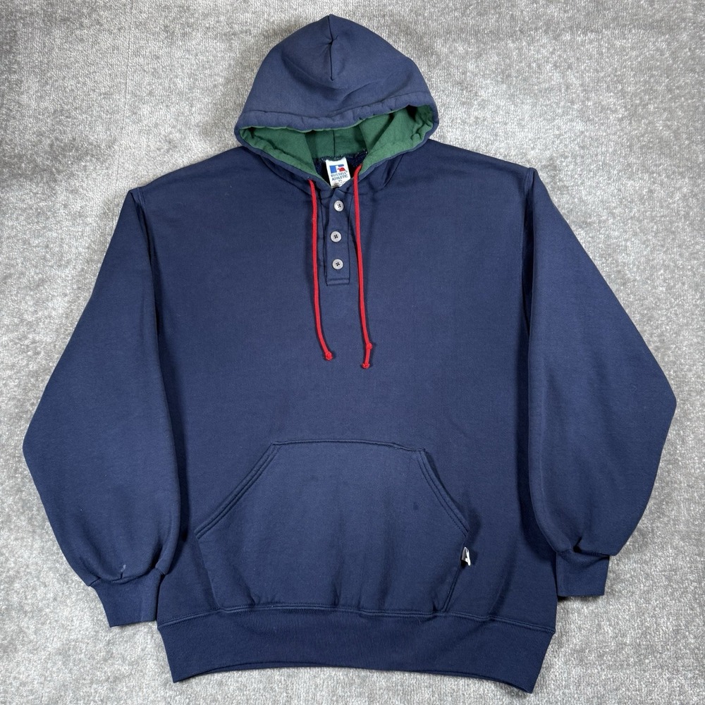 Vintage Russell Athletic Hoodie Men's XL Blue Long Sleeve Henley USA Made